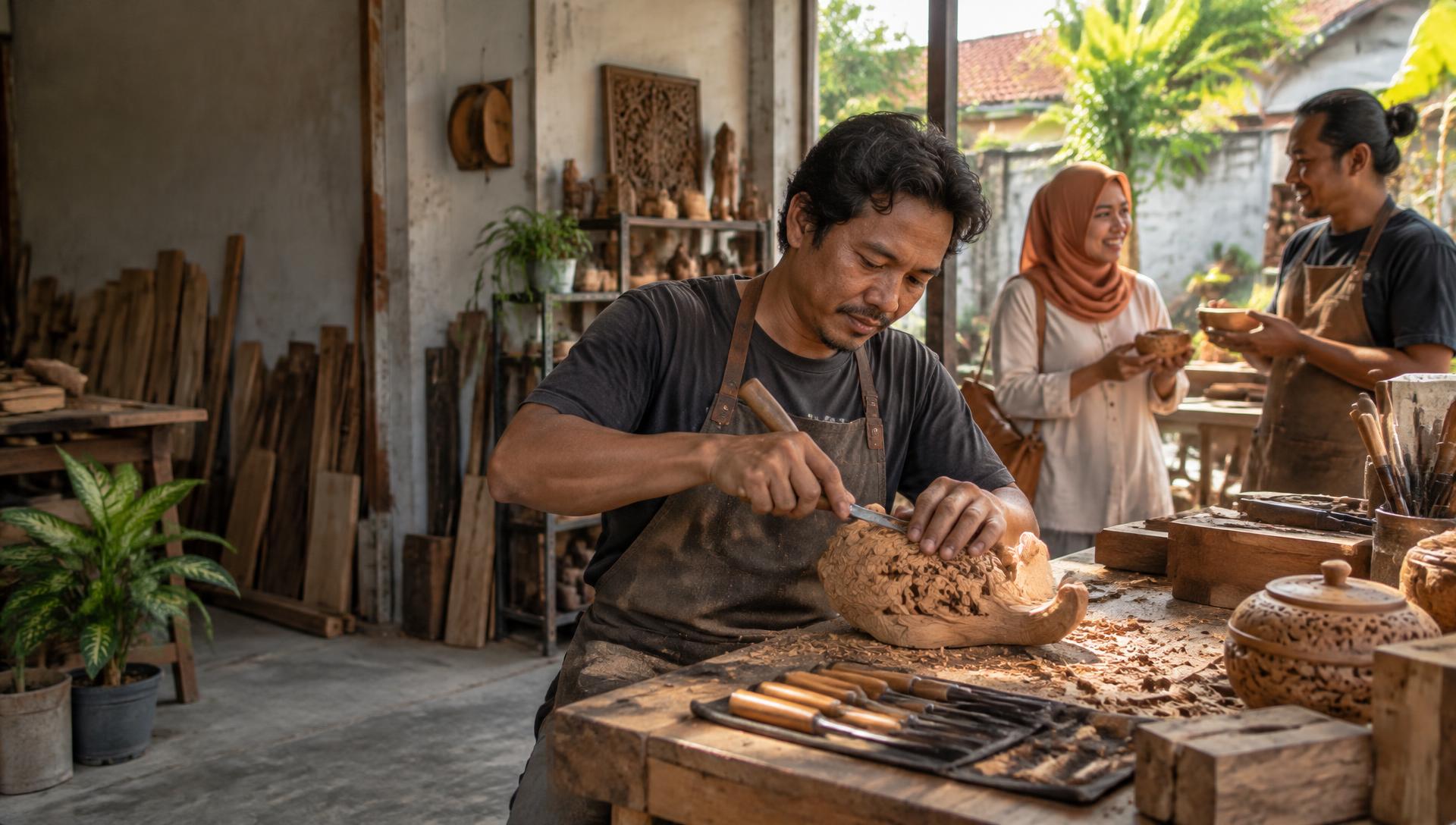 Pengrajin kayu Indonesia mengukir pesanan di bengkel kerjanya